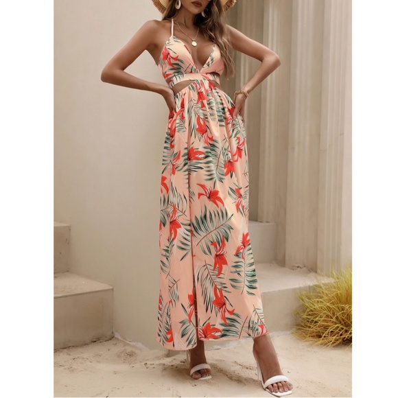Peach Pink Boho Tropical Print Backless Maxi Dress V-Neck Floral Flared - Picture 6 of 10